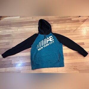 American Eagle NYC Hoodie Black And Teal  Zipper Pocket Mens Large F15